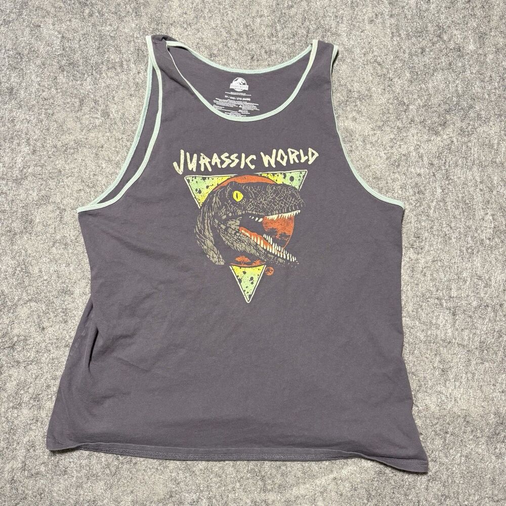 Jurassic World Men’s 3XL Tank Top Distressed Raptor Graphic Gray Mint Ringer Tee